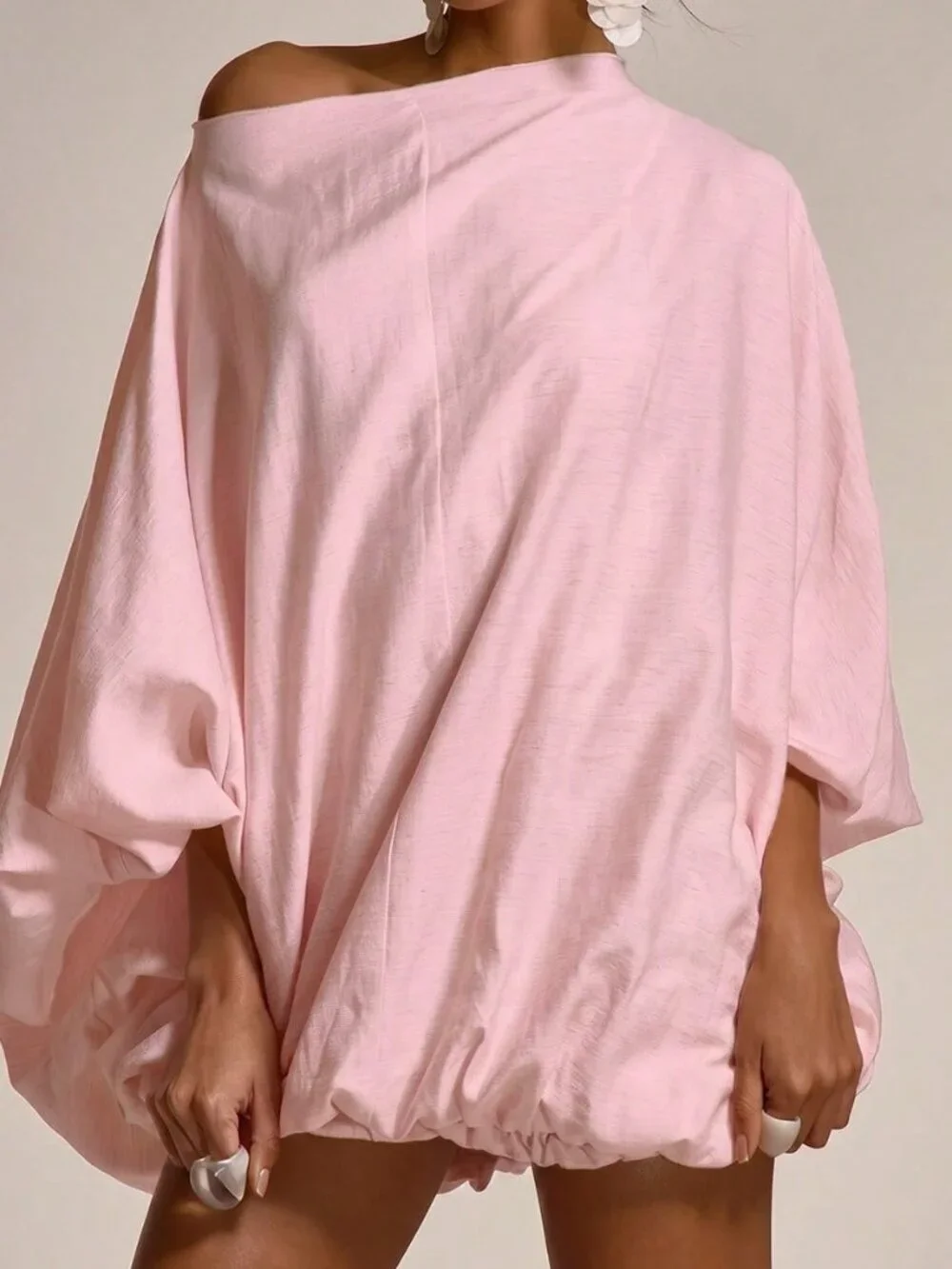 Pink Oversized Flowy Balloon Women's Slash Neck Cinched Mini Dress